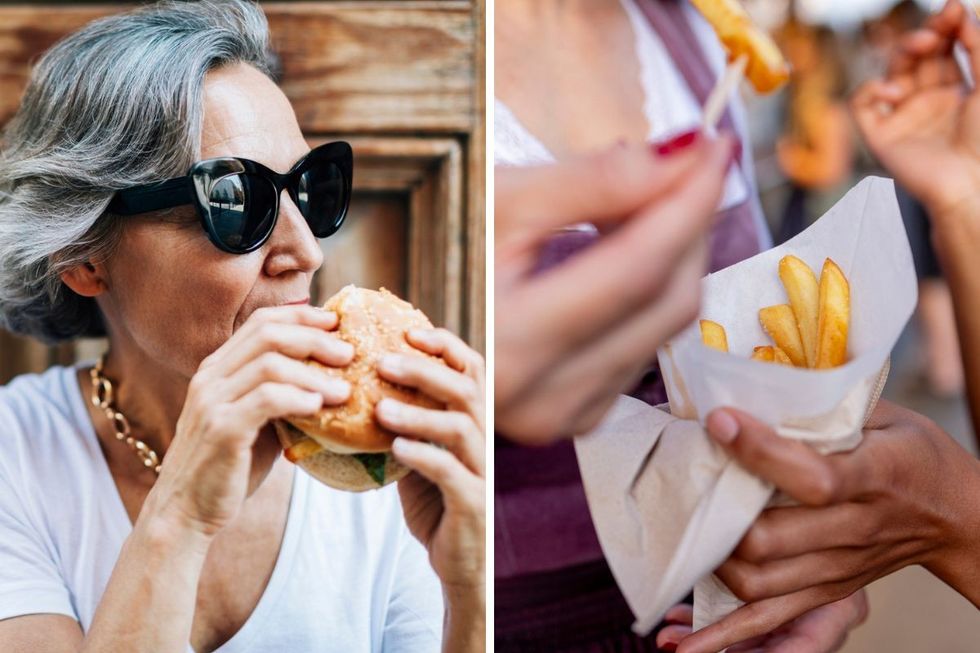 Woman eating a burger / Chips
