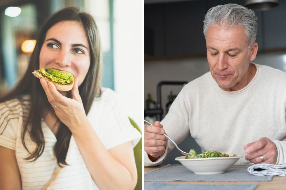 Woman eating avocado on toast / Man eating a healthy dinner