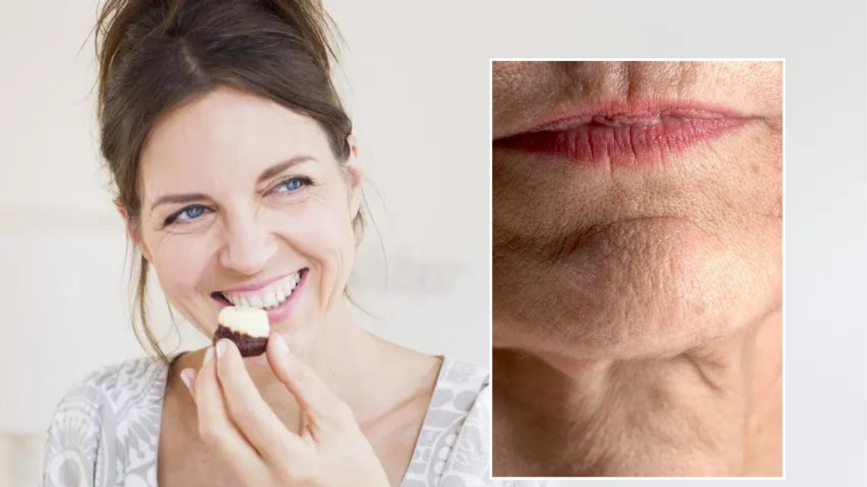 Woman eating chocolate / mouth wrinkles