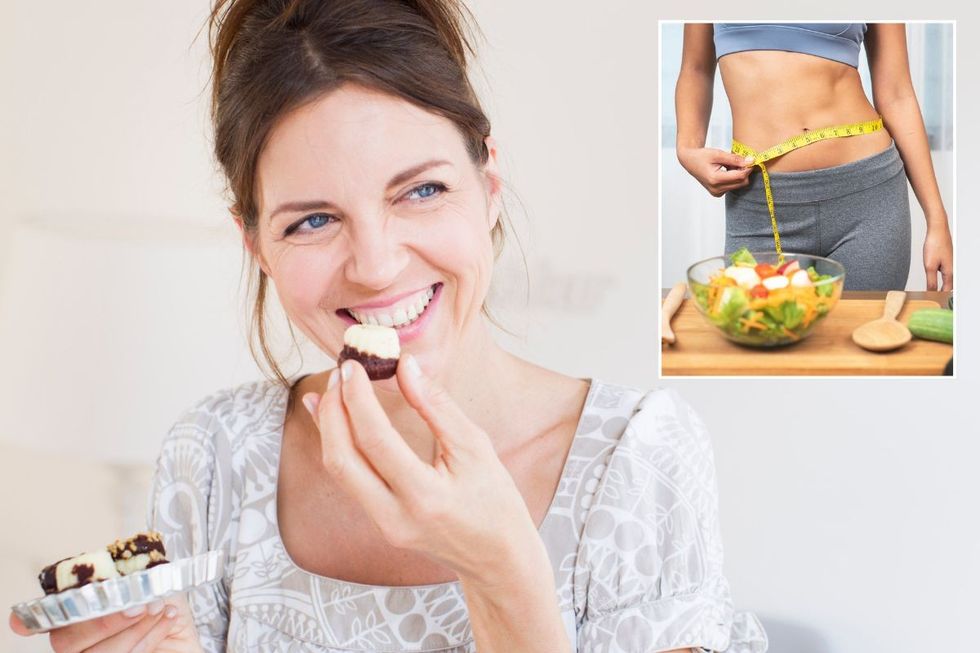Woman eating chocolate / Slim woman measuring waist
