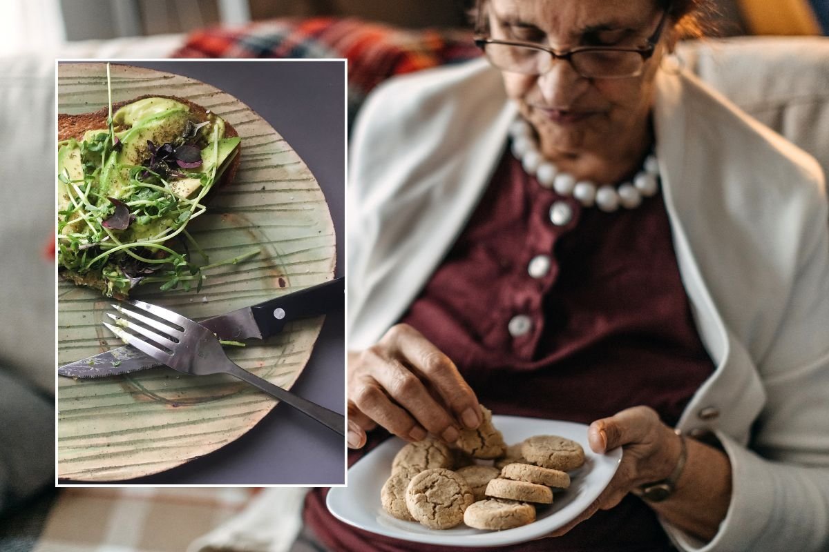 woman eating cookies and plate of food