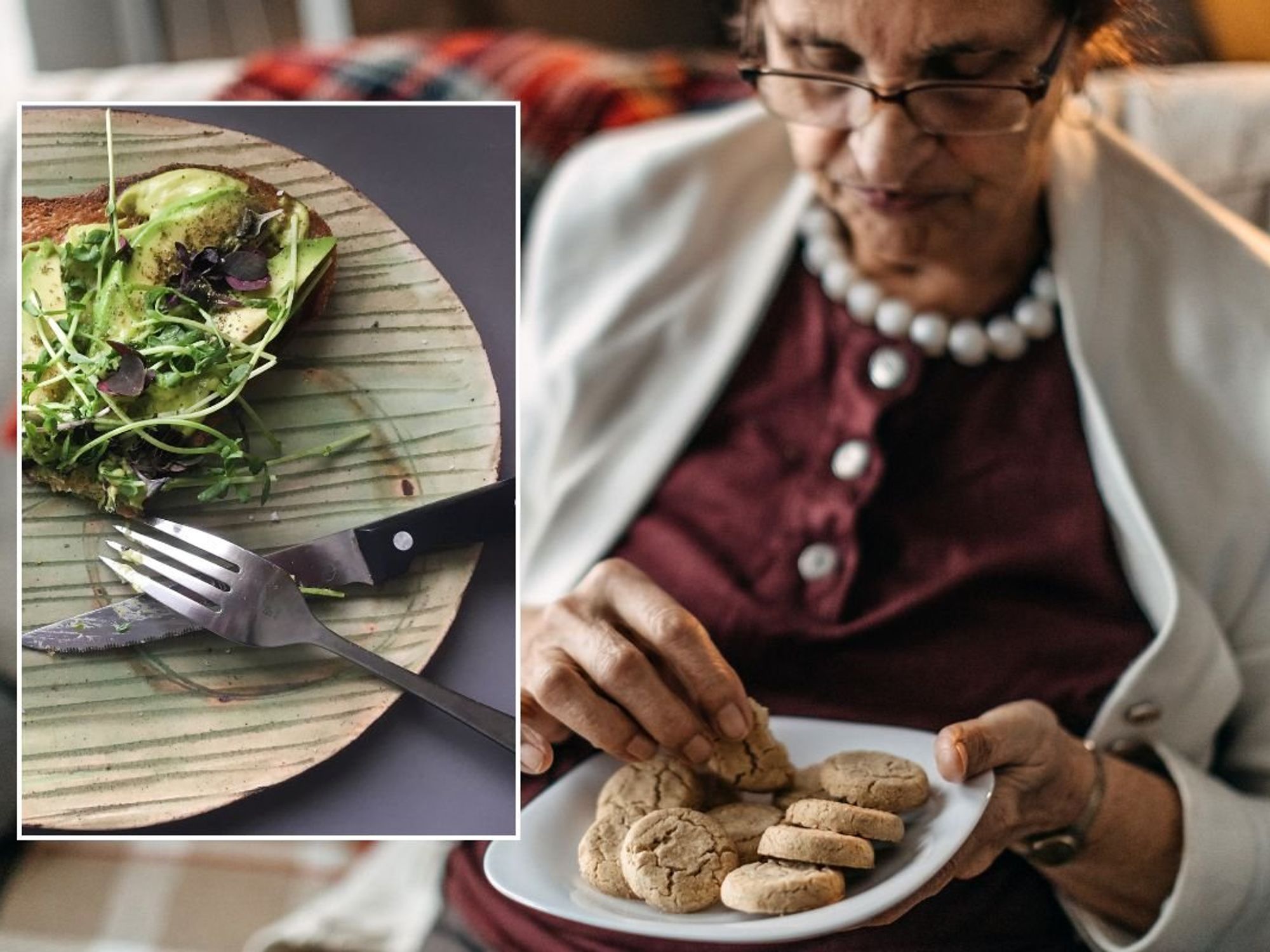 woman eating cookies and plate of food
