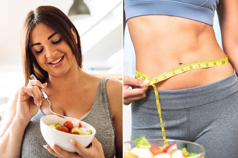 Woman eating fruit / woman measuring waist