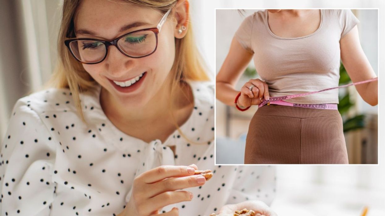 Woman eating nuts / Woman measuring waist