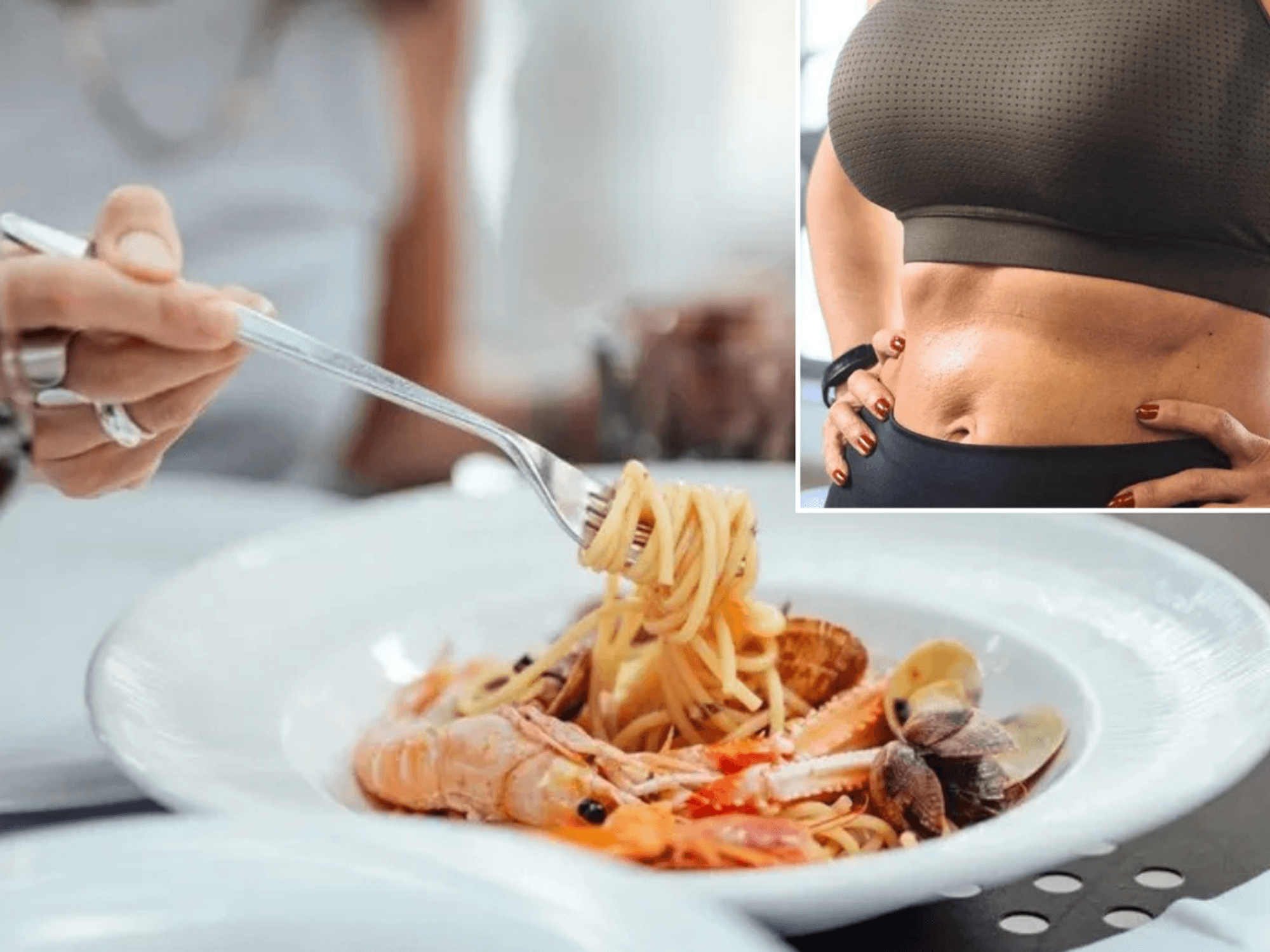 Woman eating pasta / woman in sports bra
