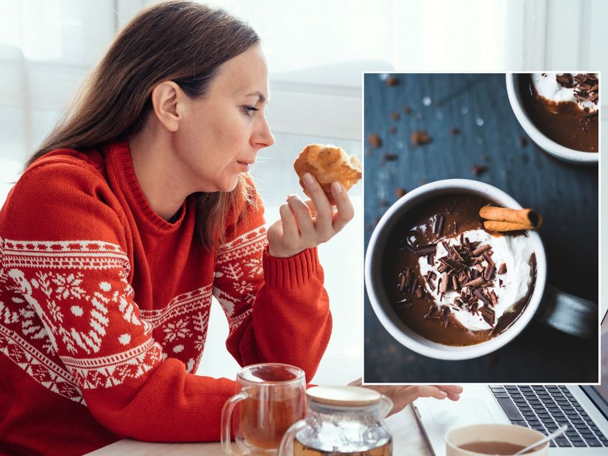woman eating pastry and hot chocolate stock image
