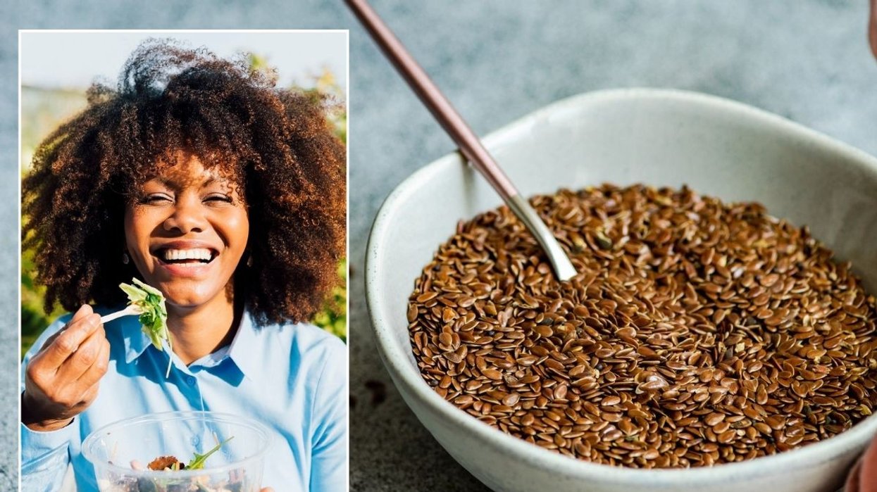 Woman eating salad / Bowl of flaxseeds