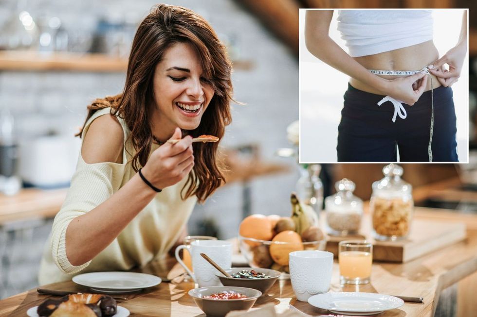 Woman eating / Woman measuring waist
