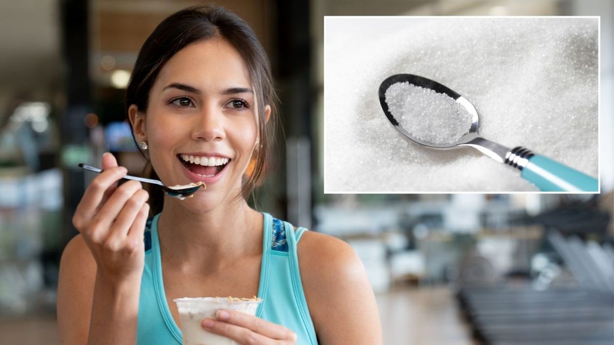 Woman eating yoghurt with fruit / Teaspoon of sugar