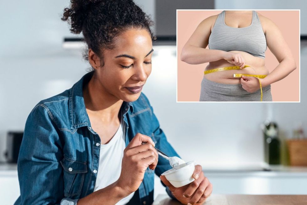 Woman eating yoghurt / Woman measuring waist