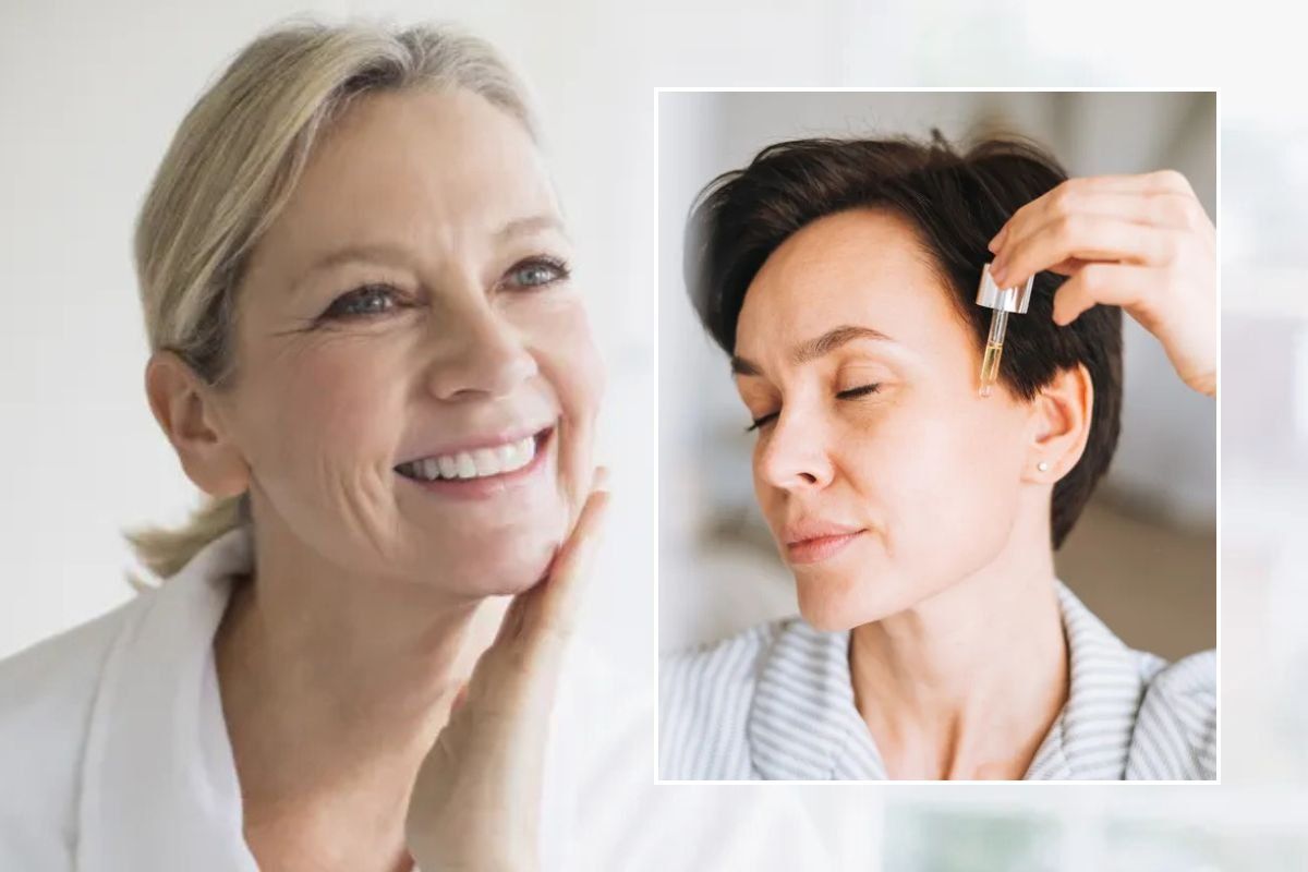 Woman examining her face in mirror / Woman applying face serum