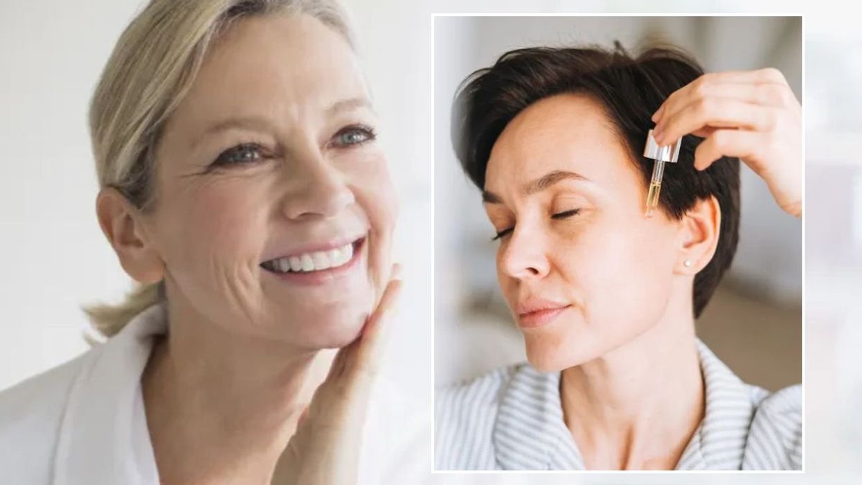 Woman examining her face in mirror / Woman applying face serum