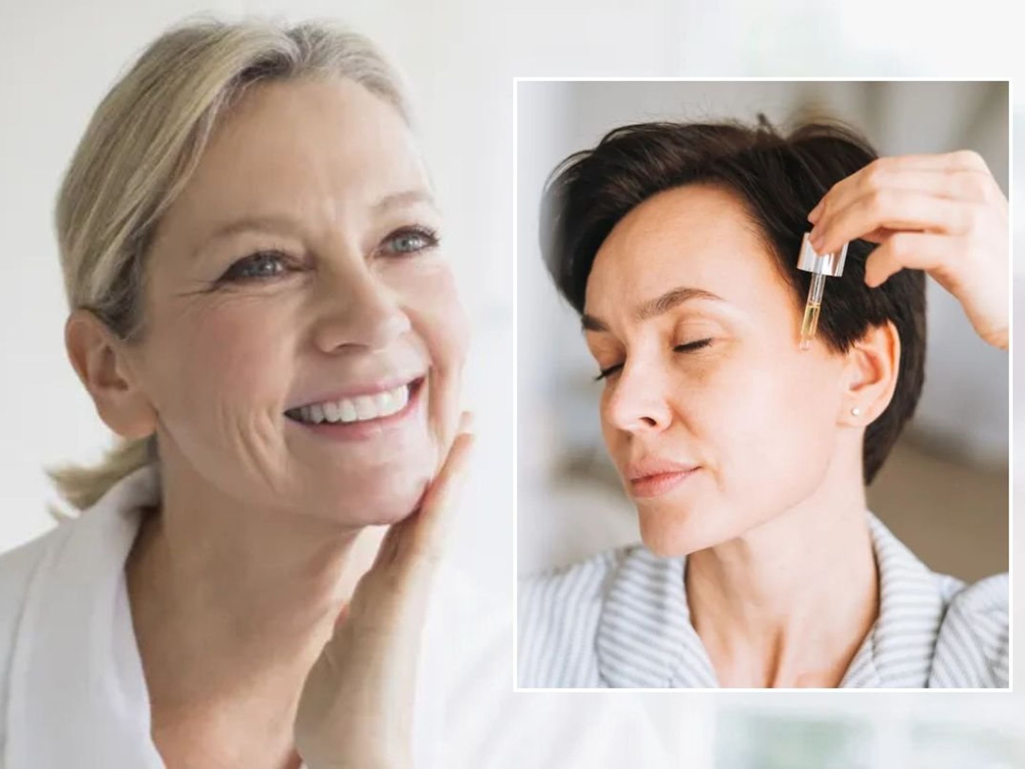 Woman examining her face in mirror / Woman applying face serum