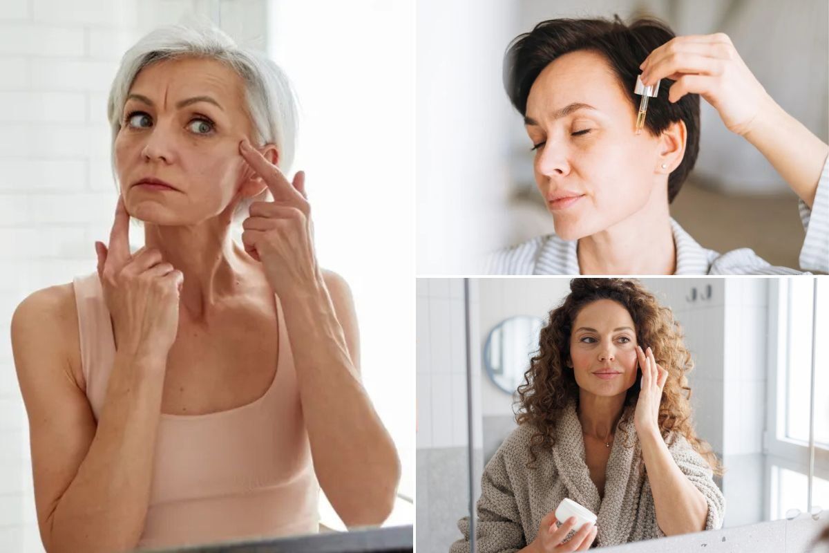 Woman examining her face / Woman applying face serum / Woman applying eye cream