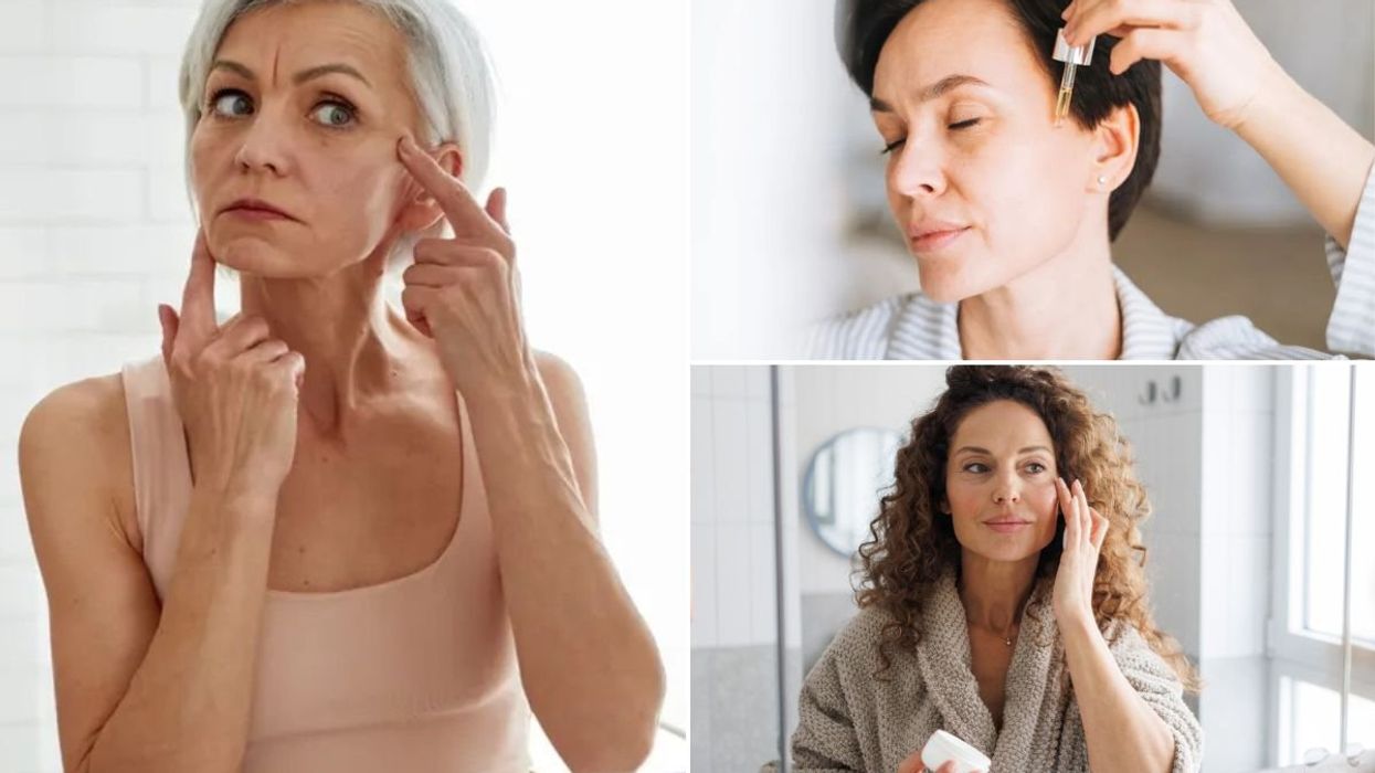 Woman examining her face / Woman applying face serum / Woman applying eye cream