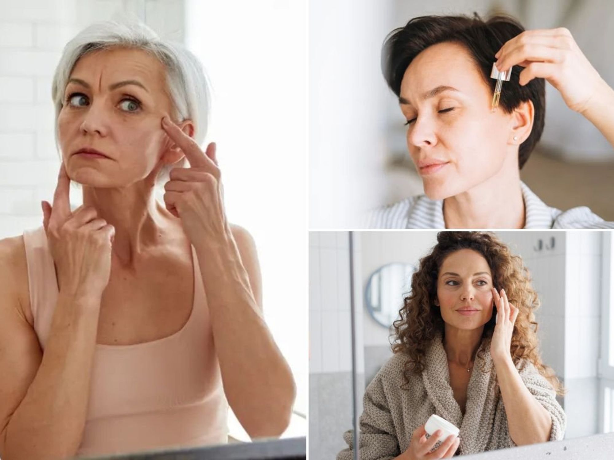 Woman examining her face / Woman applying face serum / Woman applying eye cream