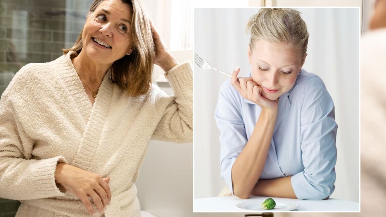 Woman examining her hair in mirror, smiling / Woman eating Brussels sprout