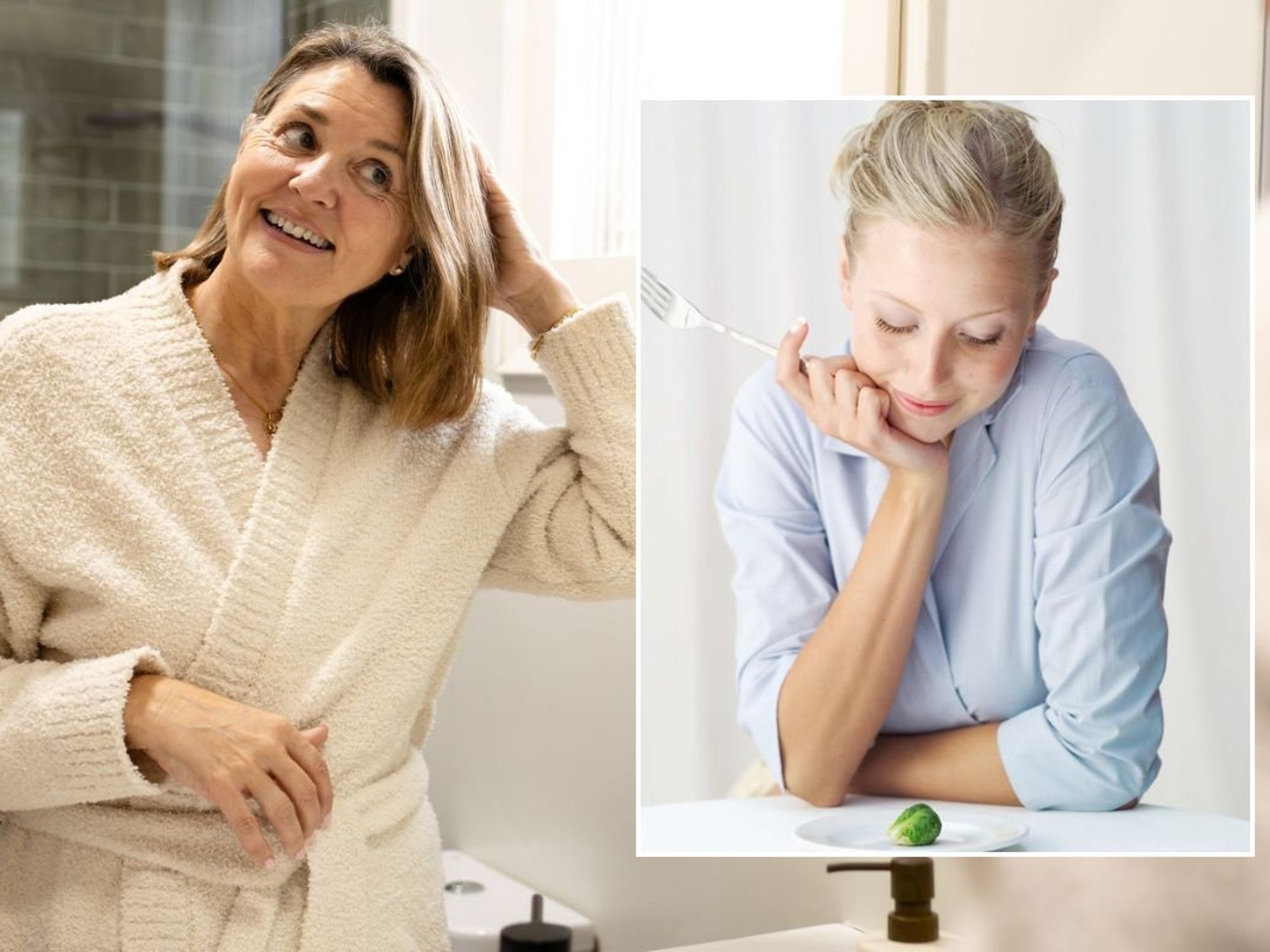 Woman examining her hair in mirror, smiling / Woman eating Brussels sprout