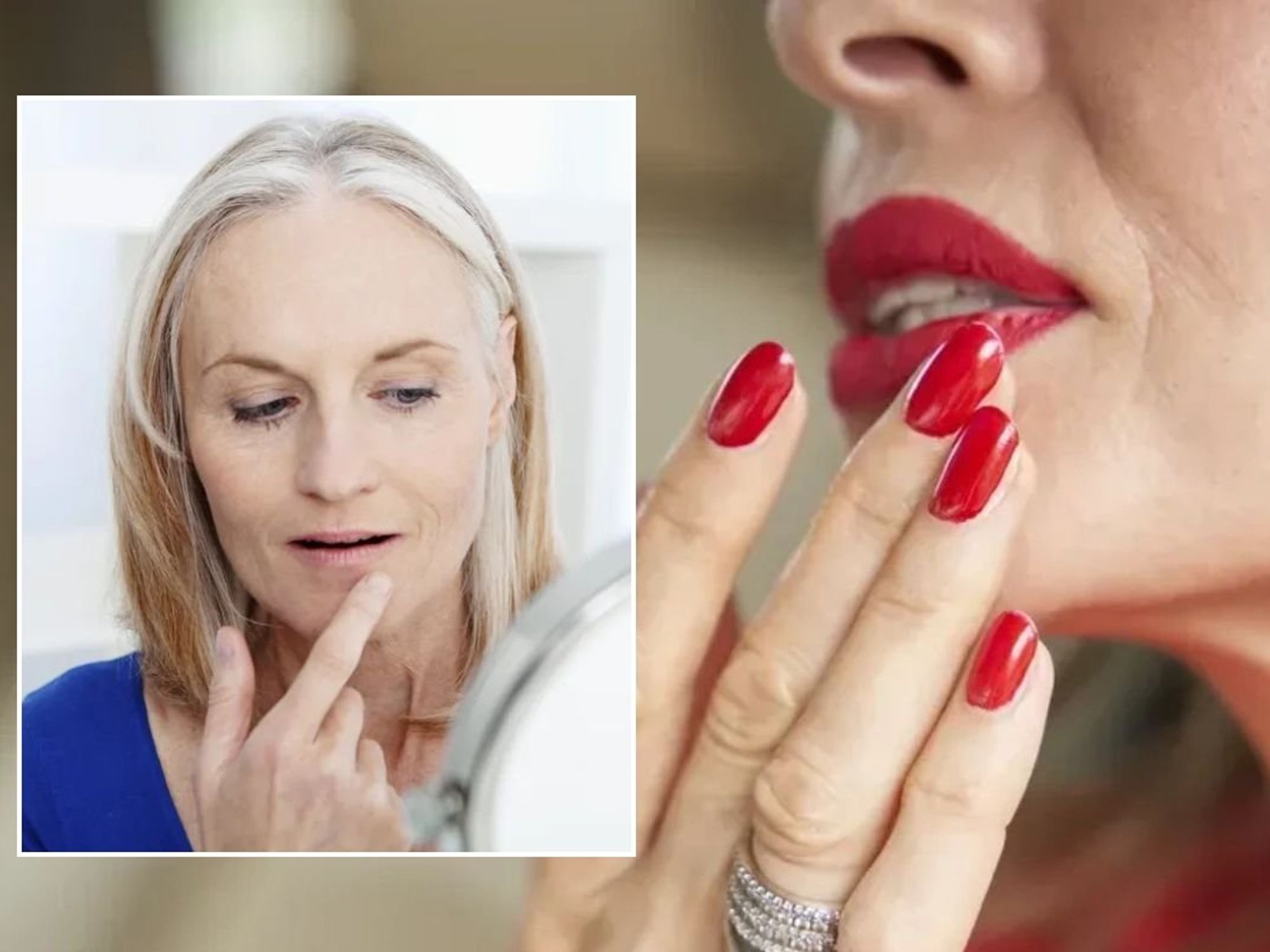 Woman examining her lips in mirror / Woman wearing matte red lipstick