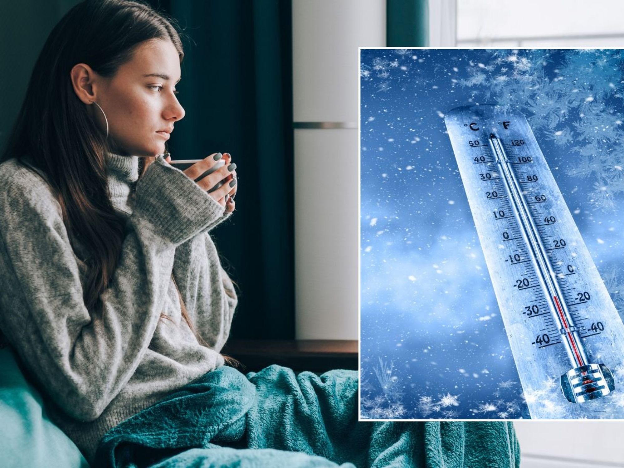 Woman feeling cold at home and icy thermometer