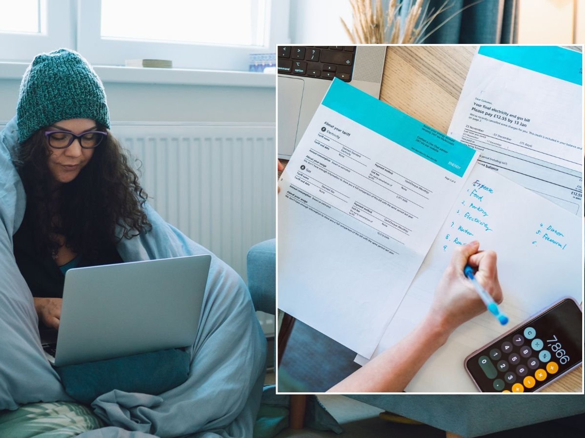Woman feeling cold in home and energy bills