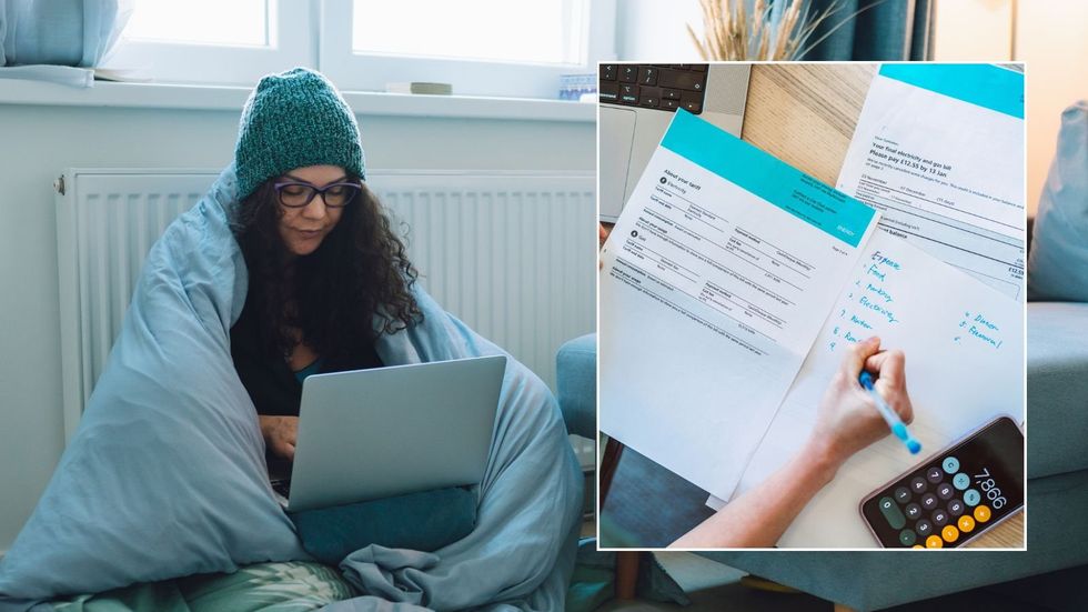 Woman feeling cold in home and energy bills