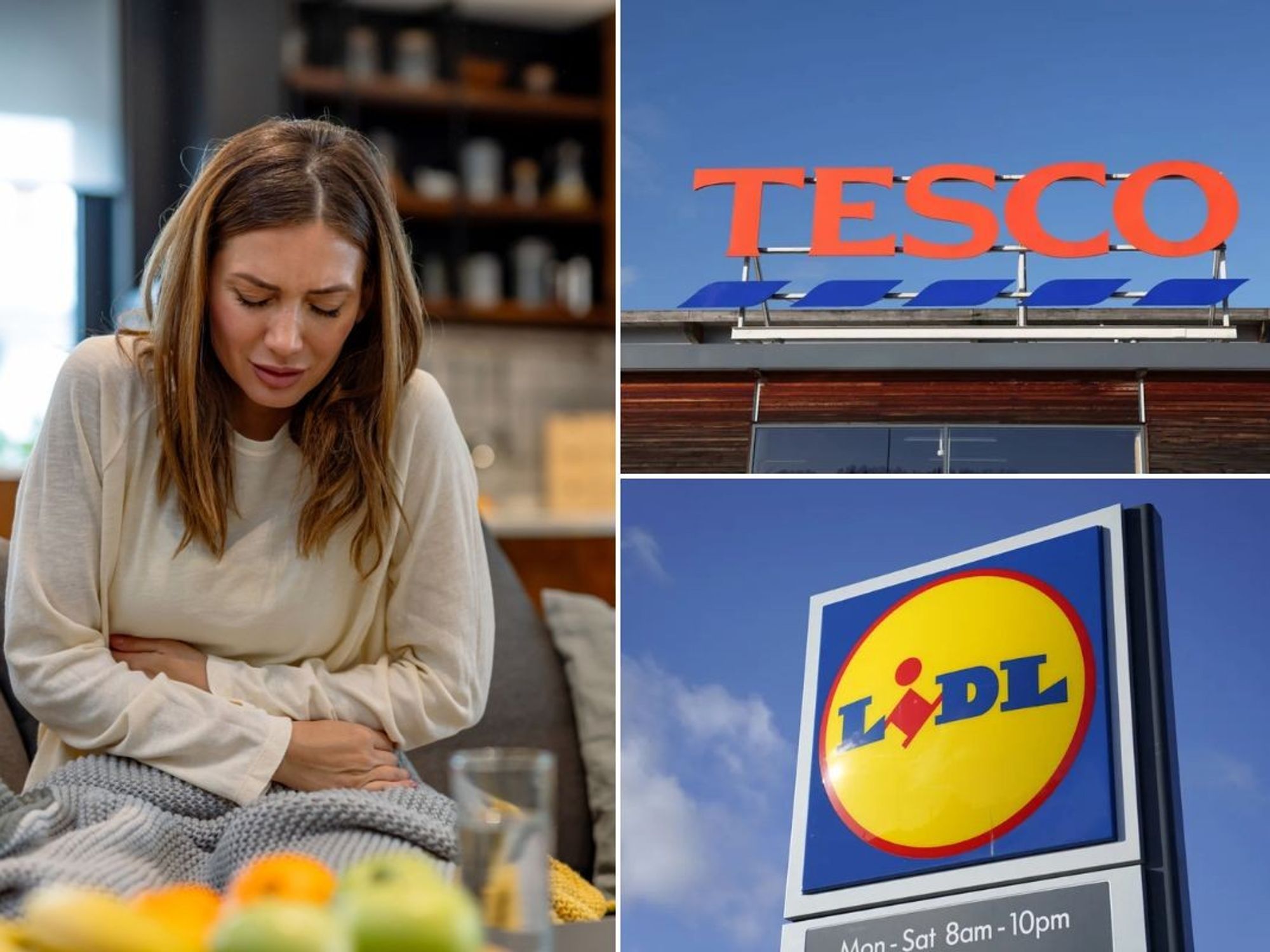 Woman feeling unwell, clutching stomach / Tesco / Lidl