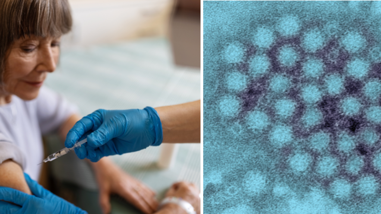 Woman getting vaccinated (left), Norovirus particle (right)
