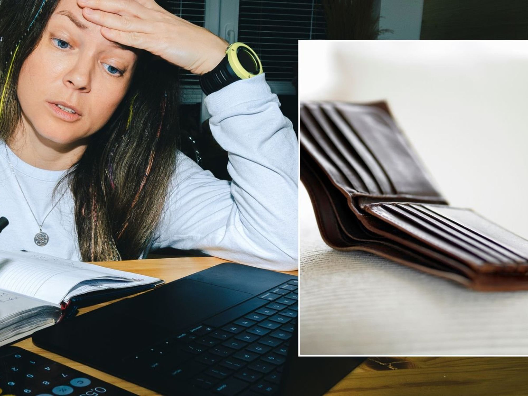Woman going over finances and empty wallet