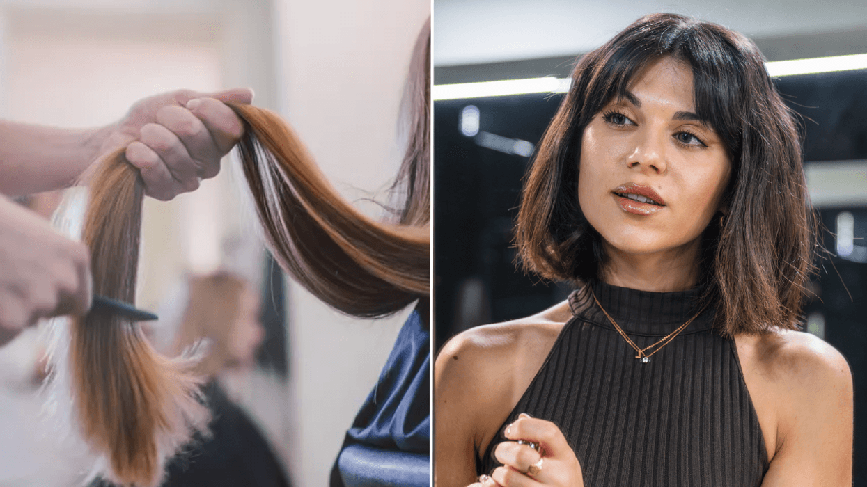Woman having her hair cut / Woman with curtain bangs and bob