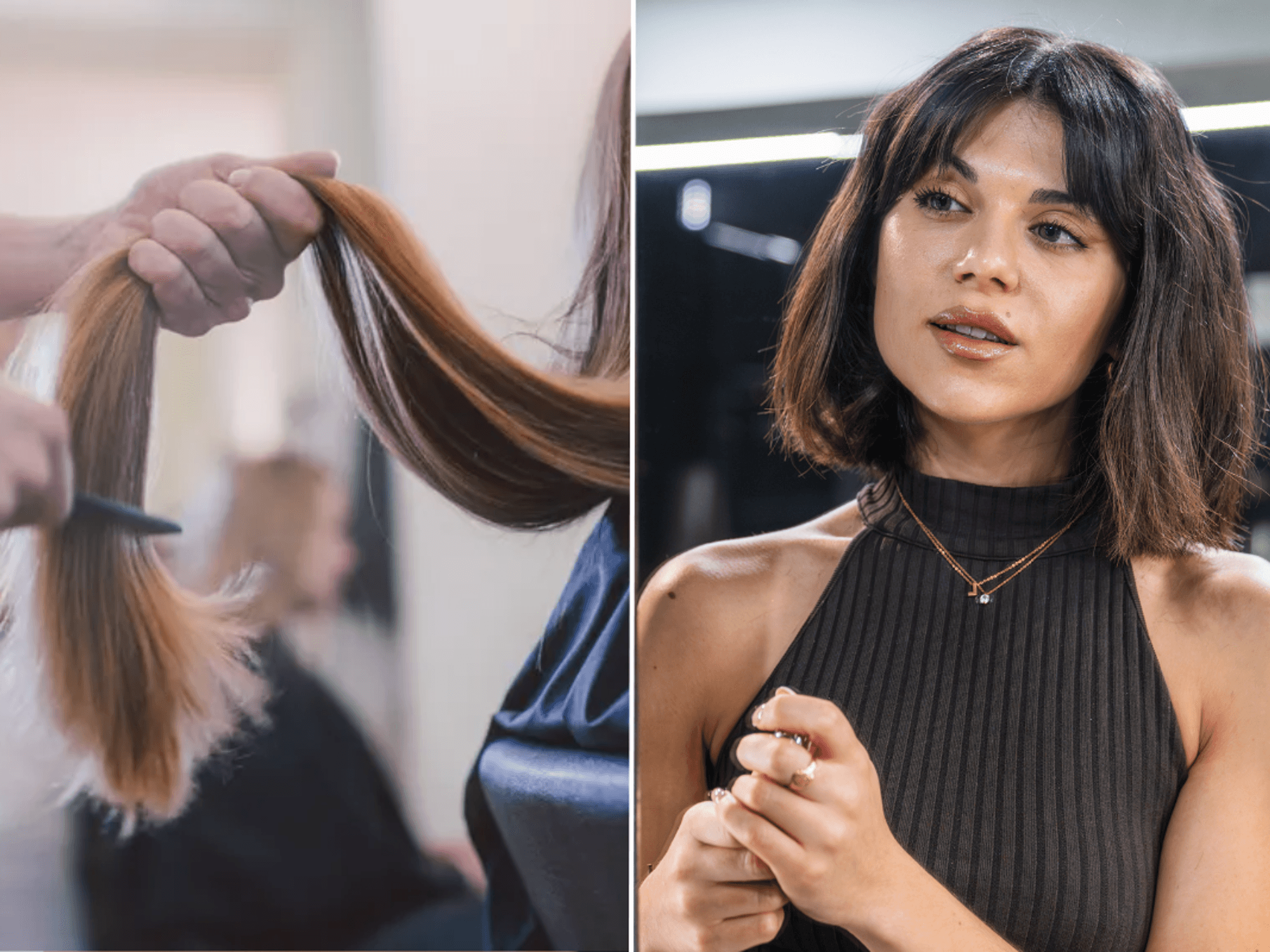 Woman having her hair cut / Woman with curtain bangs and bob