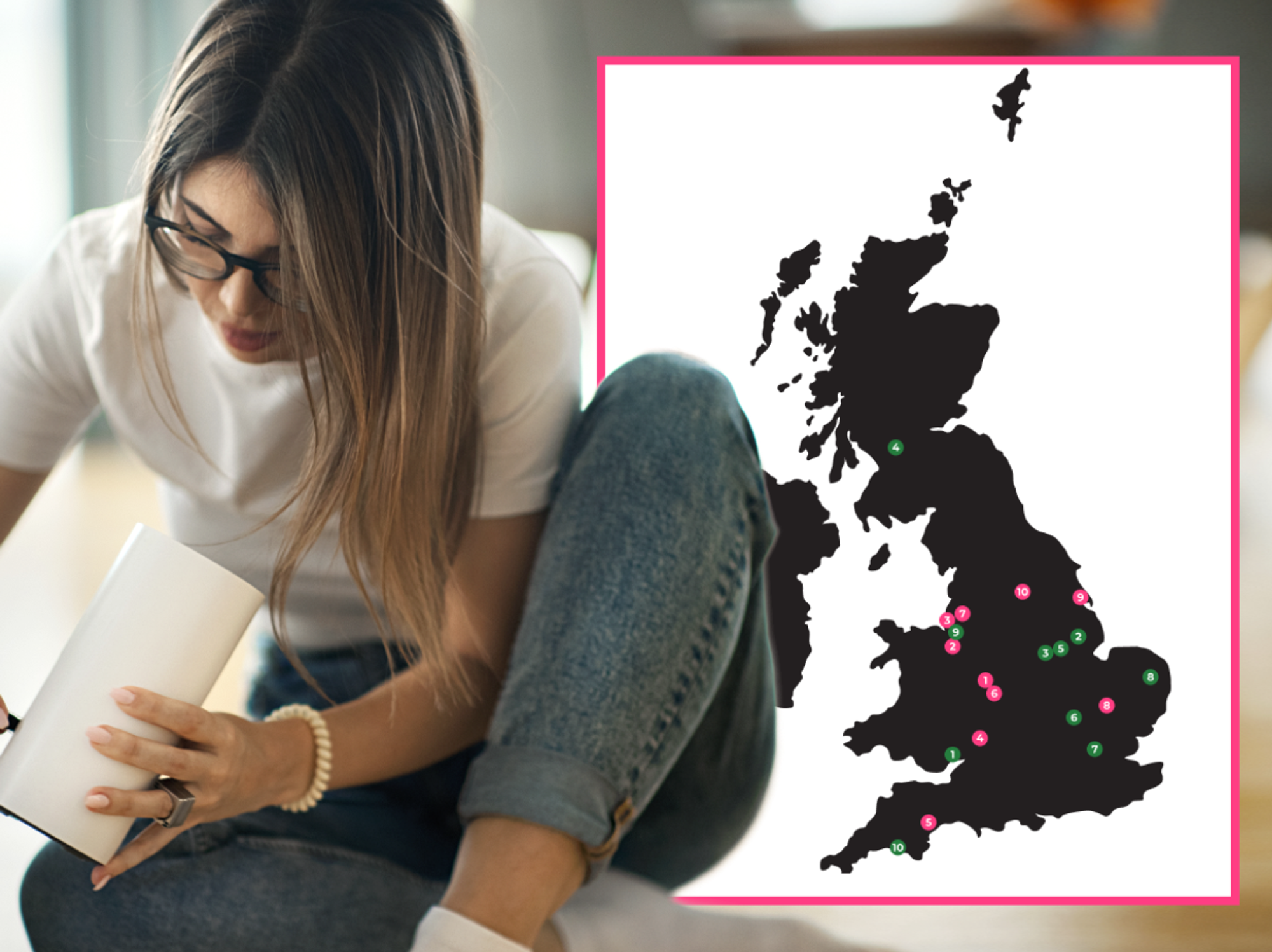 woman holding a Wi-Fi router with a map of the UK