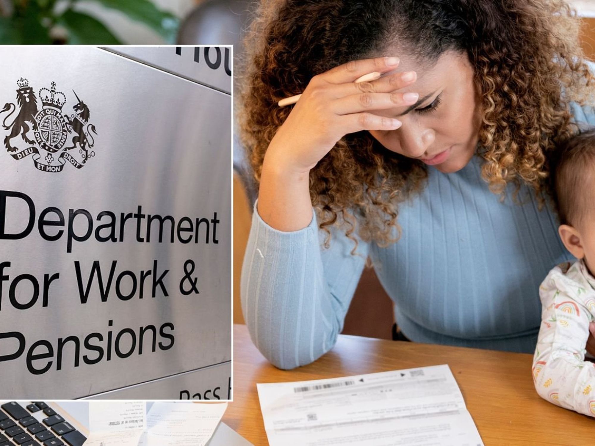Woman holding baby and DWP sign