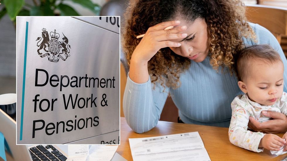 Woman holding baby and DWP sign
