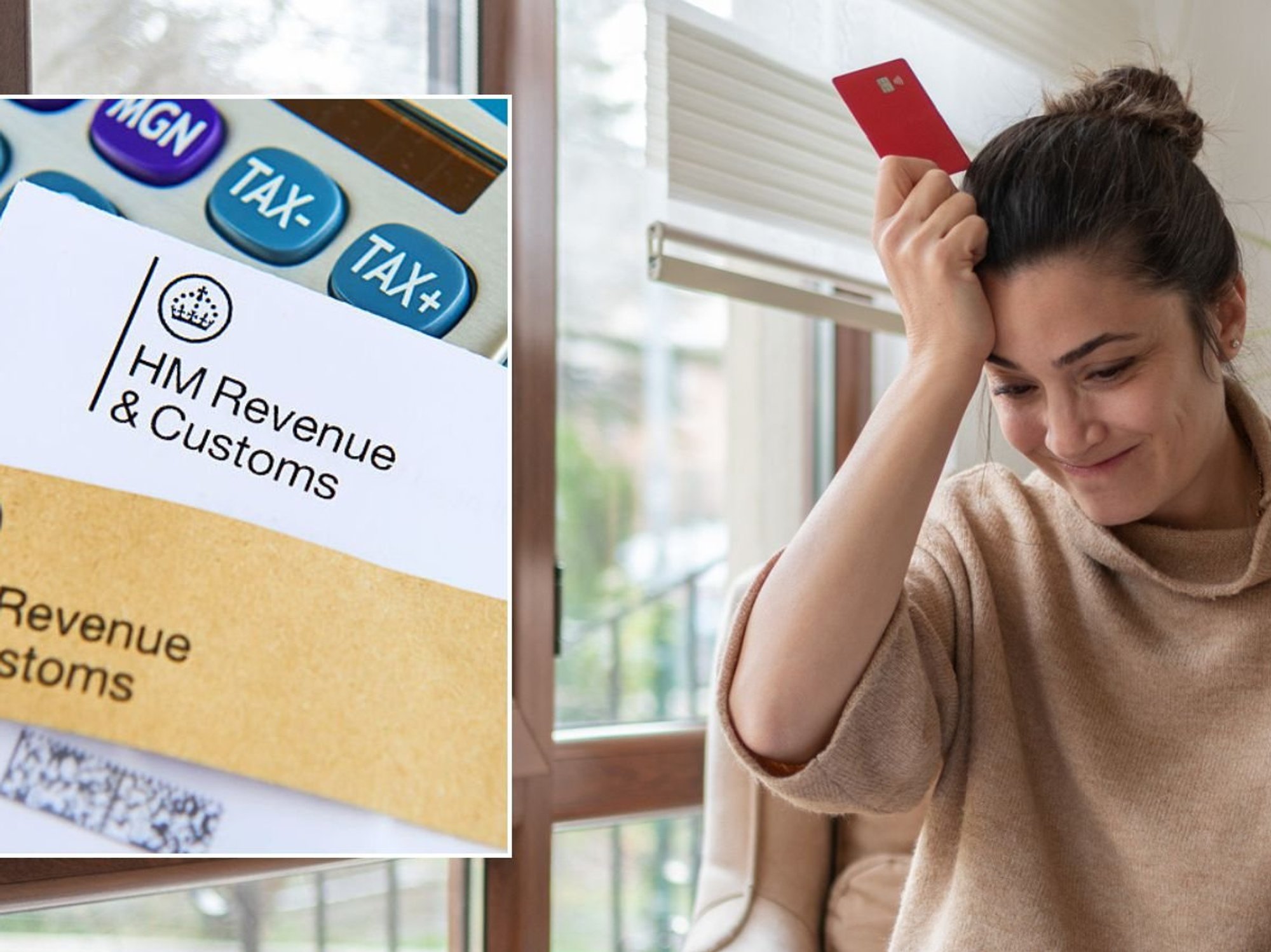 Woman holding bank card and HMRC bill