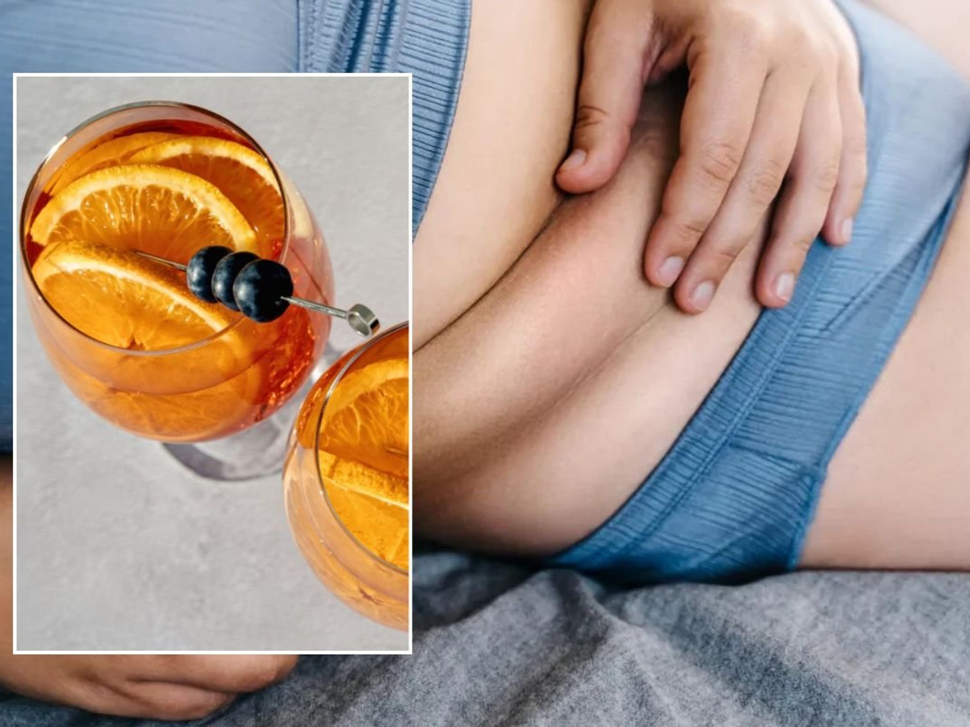 woman holding belly fat and alcoholic drink