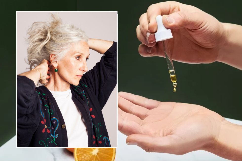 Woman holding grey hair / vitamin C serum