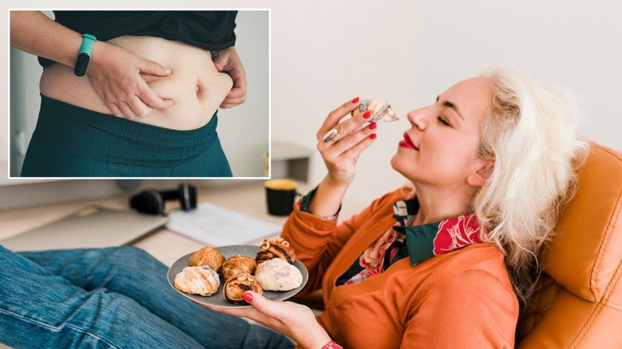 Woman holding her belly / Woman snacking on pastries