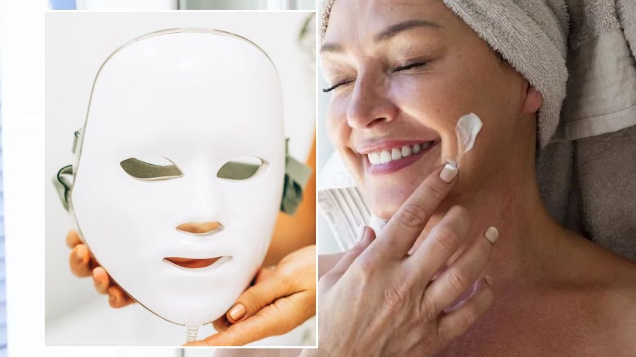 Woman holding LED skin care mask / Woman moisturising her face