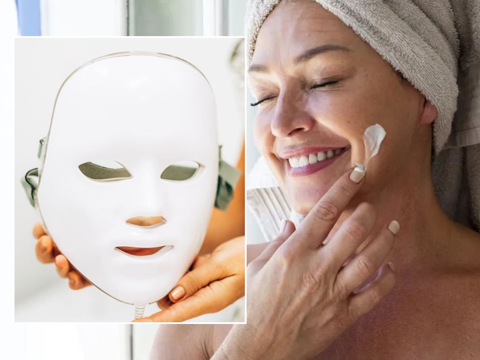 Woman holding LED skin care mask / Woman moisturising her face