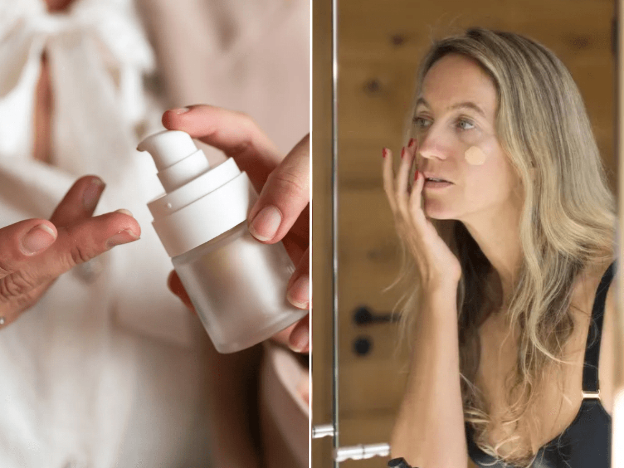 Woman holding moisturiser / woman applying foundation