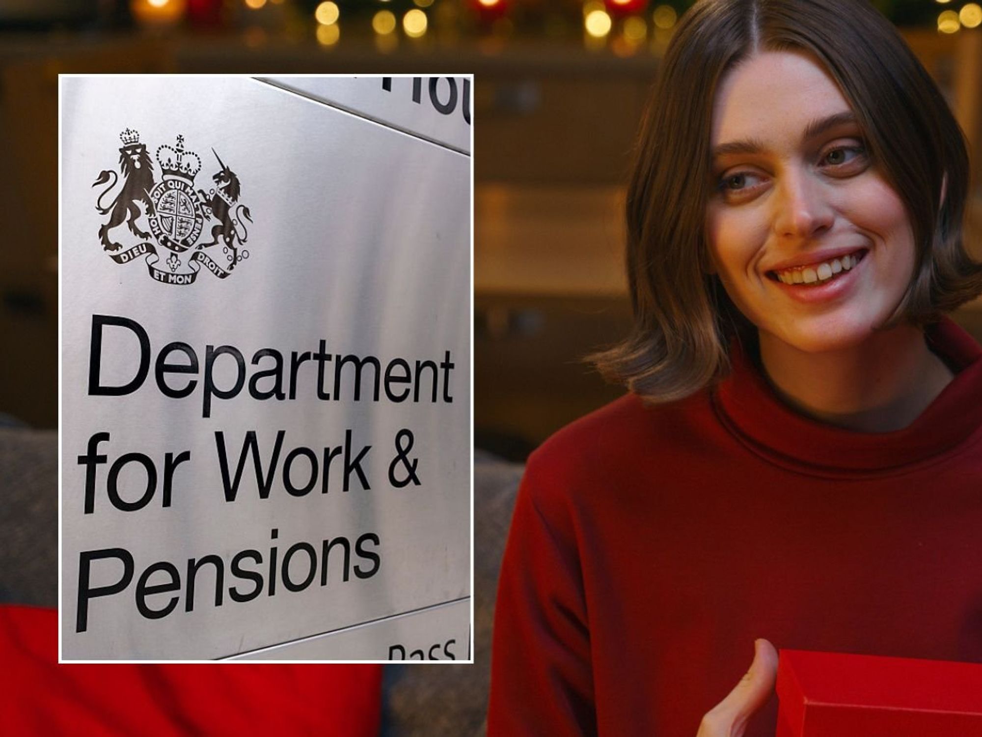 Woman holding present and DWP sign