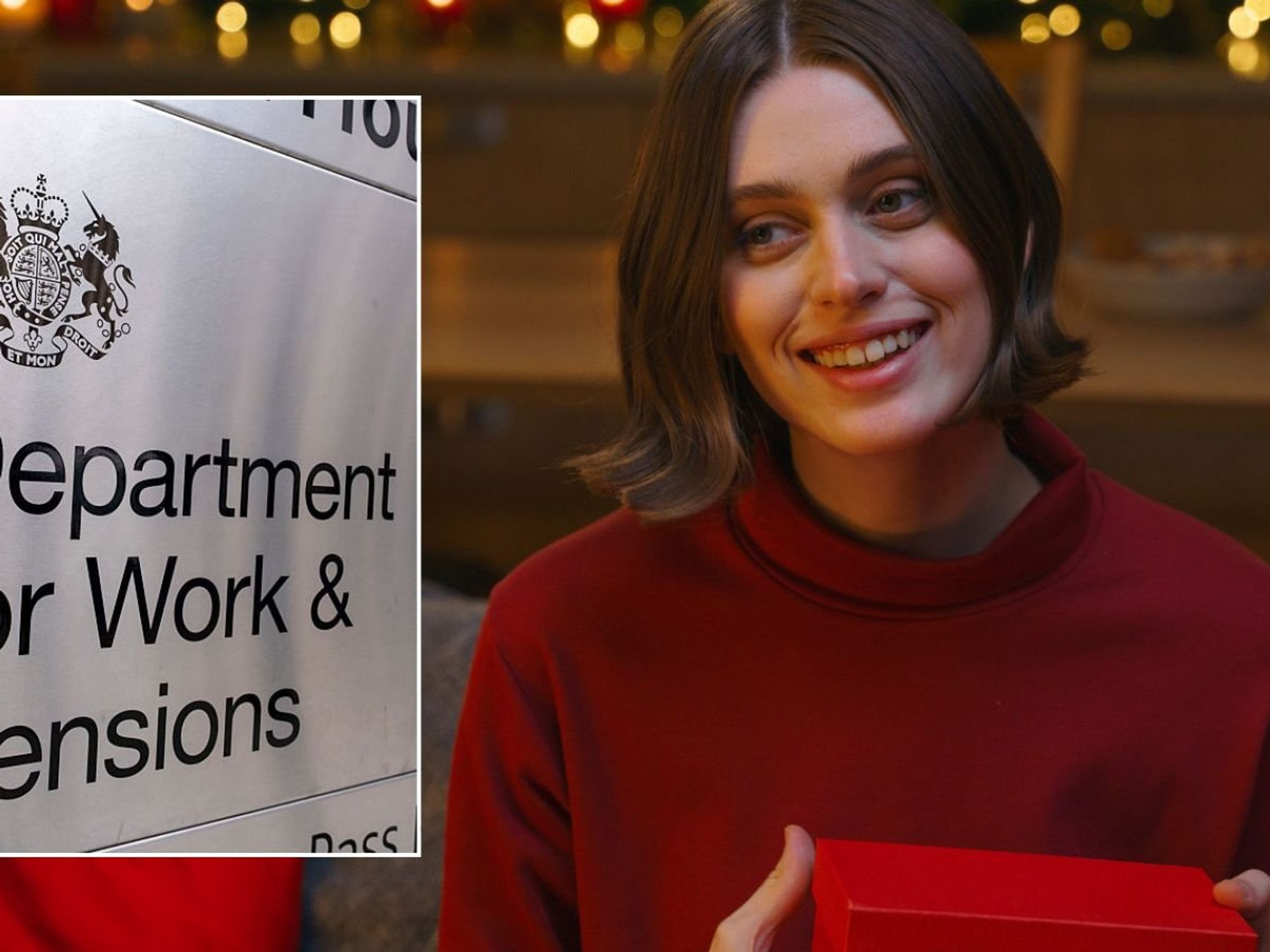 Woman holding present and DWP sign