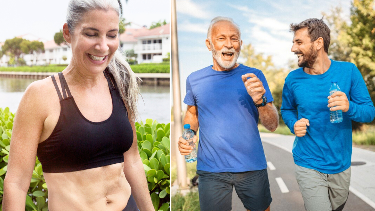 Woman in gym kit / men walking
