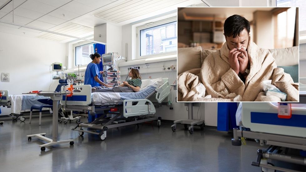 Woman in hospital and man blowing his nose