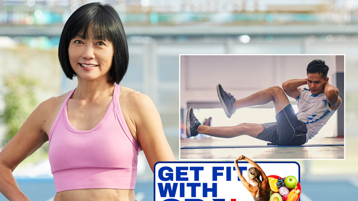 Woman in sports bra / man doing bicycle crunches