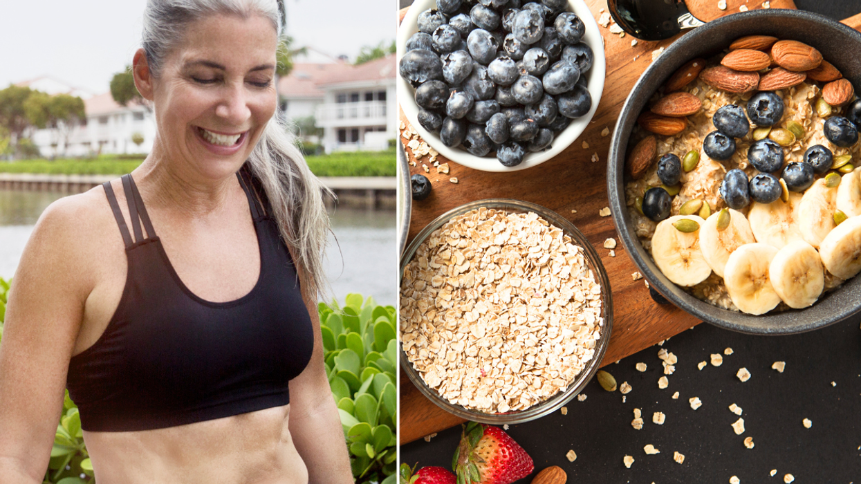 Woman in sports bra / oats and fruit