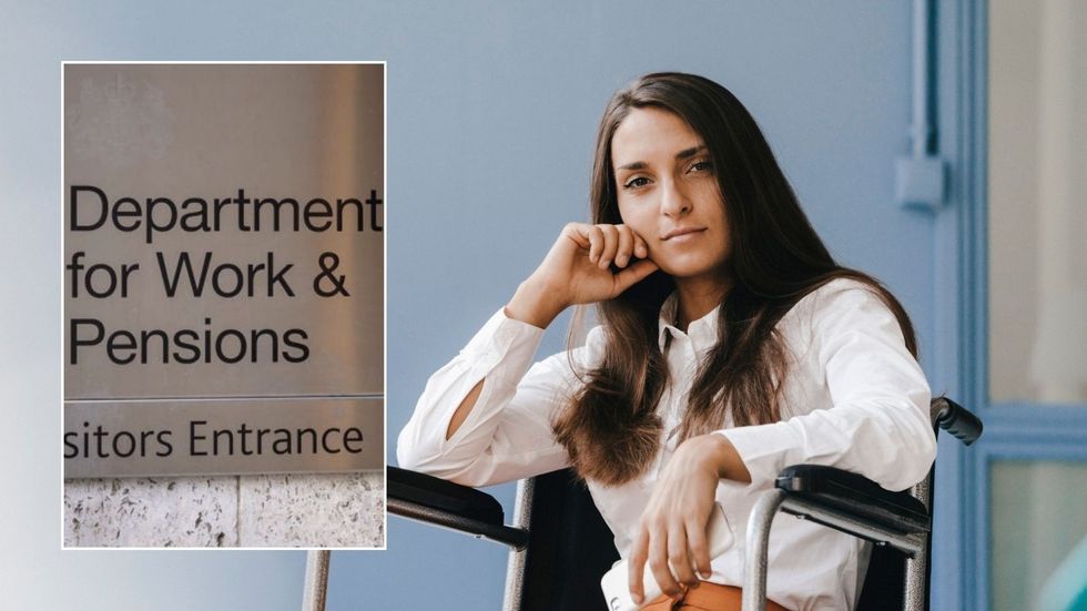 Woman in wheelchair and DWP sign