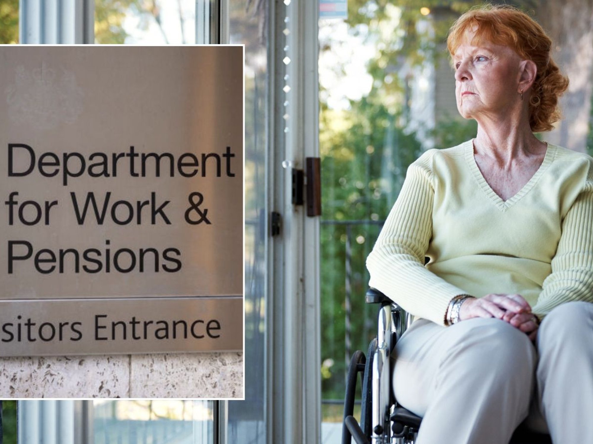 Woman in wheelchair and DWP sign