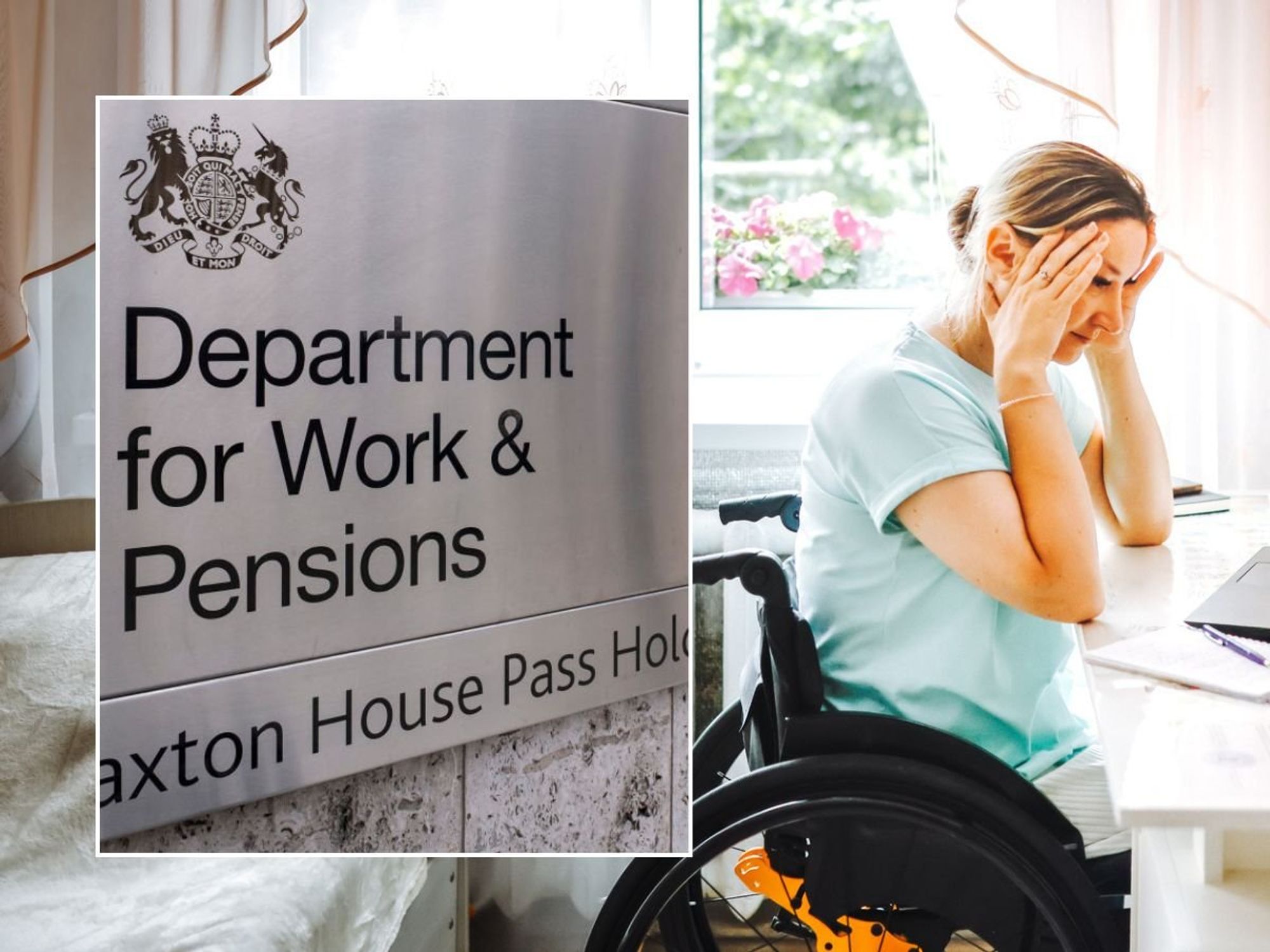 Woman in wheelchair and DWP sign
